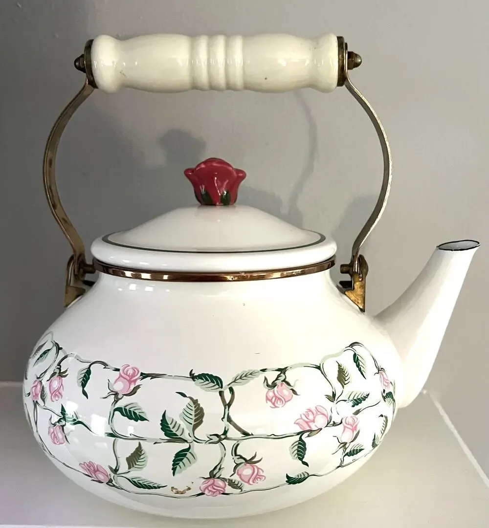 RARE: Vintage Cameo Rose by National Housewares 1987 Metal & Enamel Tea Kettle